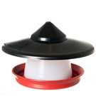 1.5 litre red and white plastic chicken feeder with rain shield