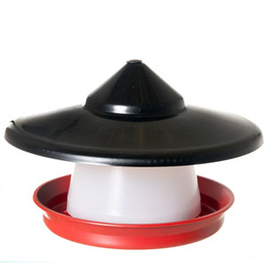 1.5 Kg red and white plastic chicken feeder with rain shield