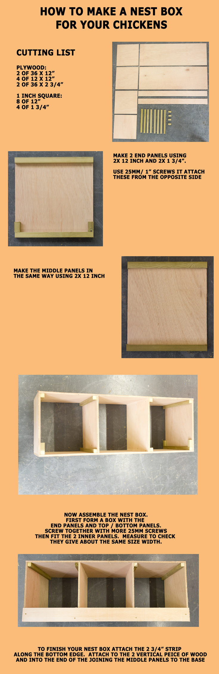 Where we show you how to build a simple, plywood nest box for your chickens.   You'll need some 9mm plywood and some 12 square timber - 1" timber is normally  finished to around 20mm.  The top and bottom of the nest box are made from 36x12" peices of plywood. There are 4 vertical dividers made from 12x12" plywood. along the front of the nest box is a strip of ply, 36x2 3/4" to contain the bedding.  There is one of these front and rear. We suggest screwing it all together with 25mmx3.5 screws.